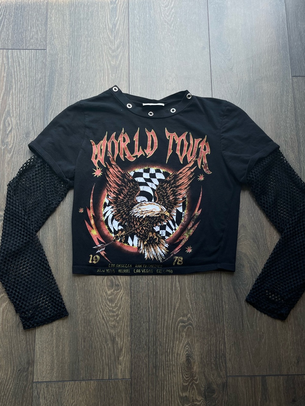 January 7 Mesh-Sleeve 'World Tour' Crop Top